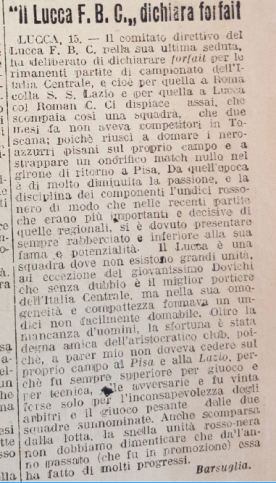 L'Italia Sportiva del 17.05.1915. Comunicato Ufficiale Forfait Definitivo del Lucca.