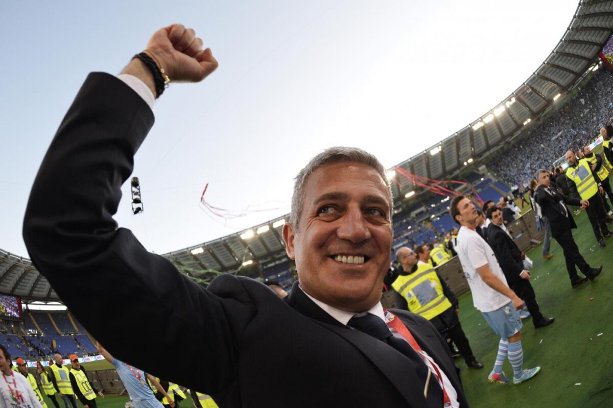 L'allenatore della Lazio Petkovic esulta dopo la vittoria della Coppa Italia nel derby in finale contro la Roma del 26 maggio 2013